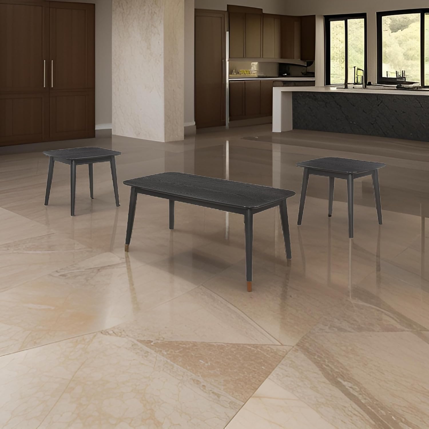 Benzara Carey 3pc Living Room Set- 1 Coffee Table- 2 End Tables- Black Hardwood