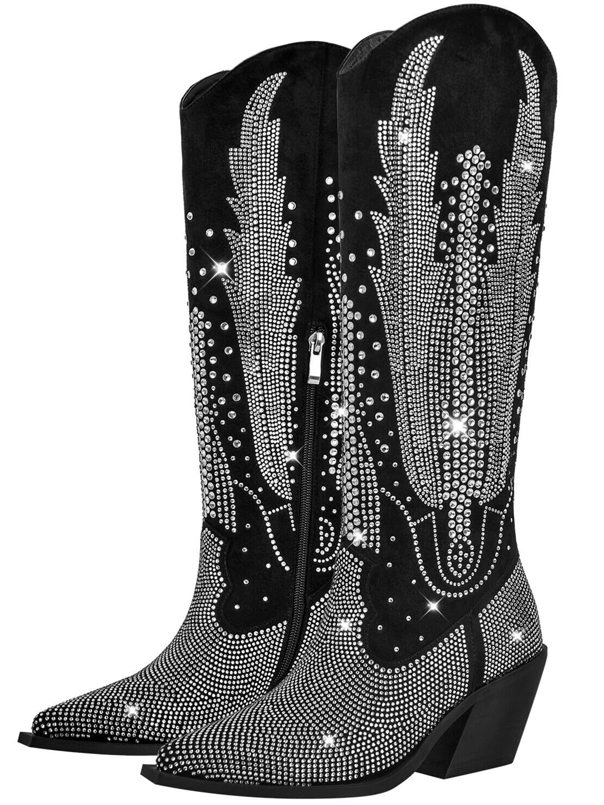 RONILURN Knee High Cowboy Boots for Women Cowgirl Western Boots Rhinestone Bling Pointed Toe Chunky Heel Pull On Fashion Shoes Tall Black Boot