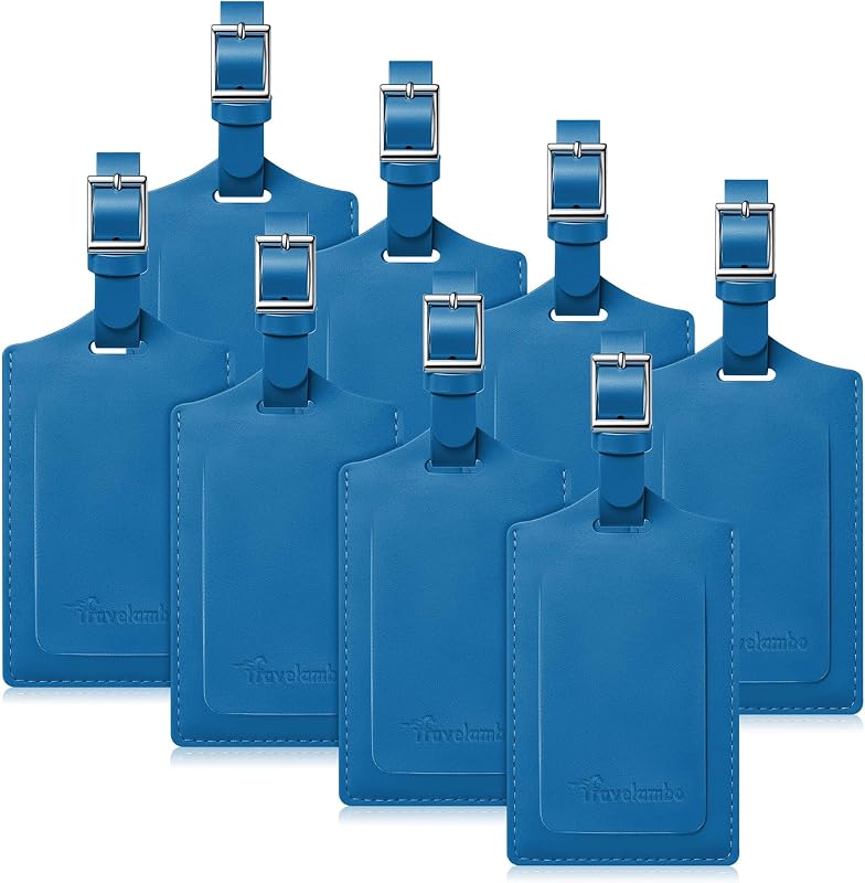 Travelambo Paquete de 8 etiquetas de equipaje para valija, artículos básicos de viaje en avión | Etiquetas para bolsos con cubierta protectora ID, aprobadas por la TSA, piel sintética, protección de privacidad plana (azul)