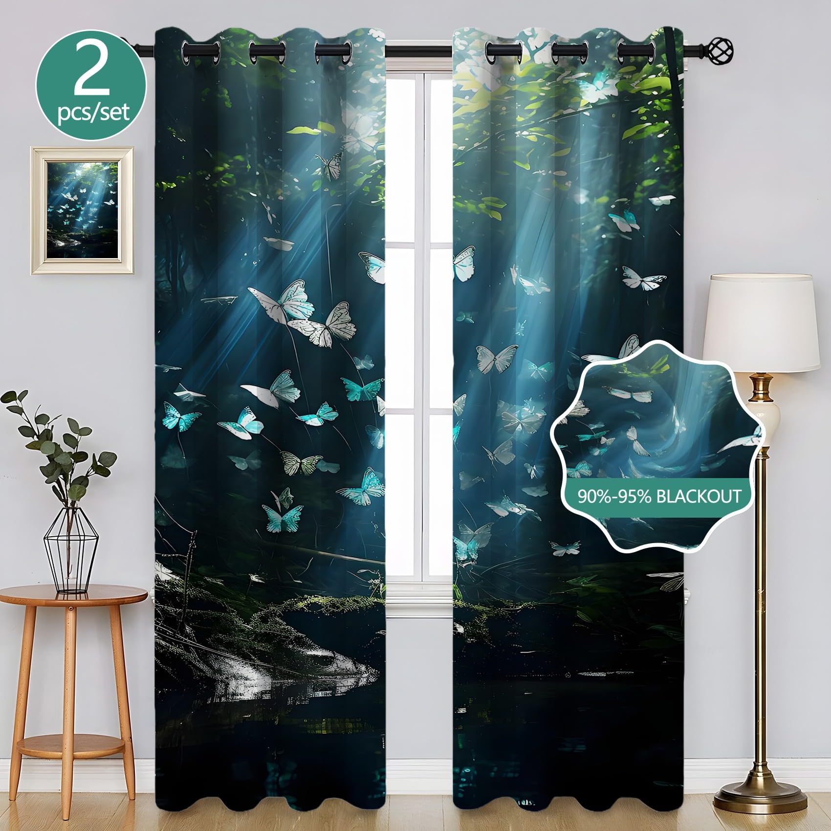 VerdunkelungsVorhänge, Blauer Schmetterling, Blickdichte Vorhänge mit Ösen, Grüne Pflanzen Thermovorhang, Vorhänge Blackout Curtain Kinder Wohnzimmer Schlafzimmer H260 x B140 cm (2er Pack) SA638