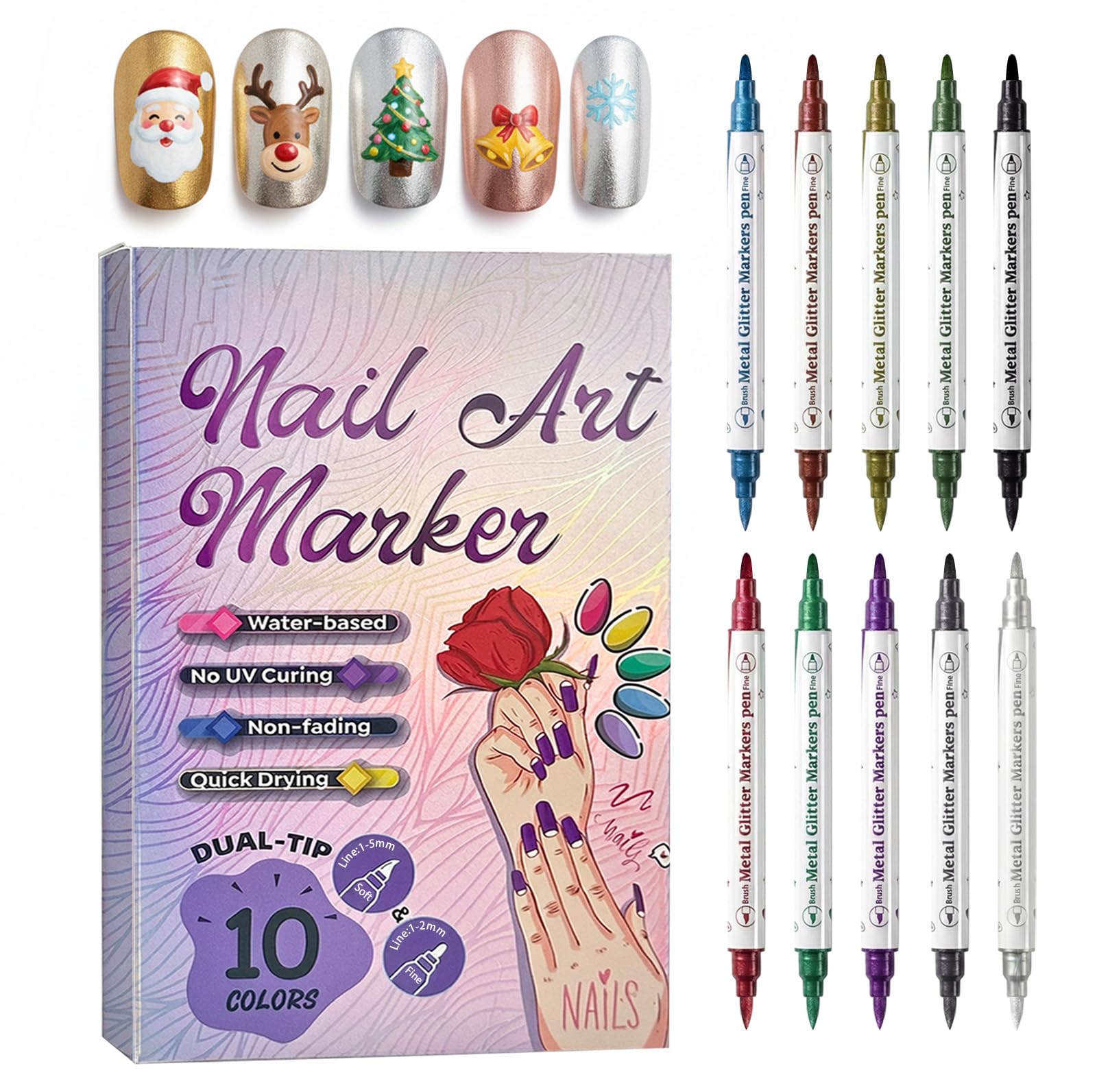 Dual-Tip Nail Art Pen Set with Firm & Soft Tip, 10 Colors Nail Art Markers, Nail Polish Pens for Kids Girls, Water Based, Quick Dry DIY Nail Art Tools