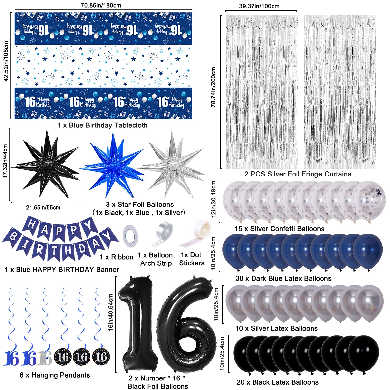 16th Birthday Decorations for Boys and Girls Dark Blue, HAPPY BIRTHDAY Banner Black Number 16 Balloons Tablecloth Foil Backdrop Star Balloons Garland Arch Kit-16 Years Old Birthday Party Supplies