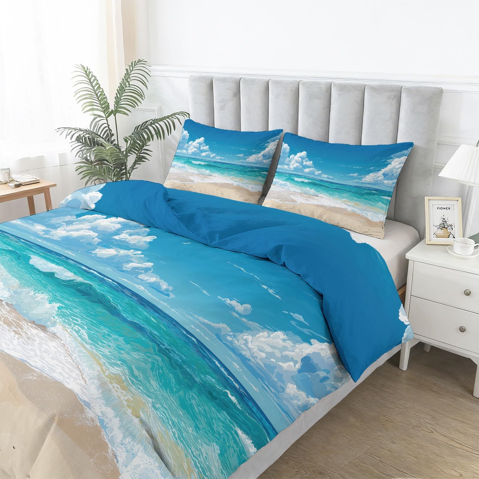 Zestaw pościeli nie wymaga prasowania, 200 x 200 cm, z mikrofibry, naturalne niebieskie niebo, wzór plaży, miękka, dwustronna pościel z zamkiem błyskawicznym do sypialni, jasnoniebieska