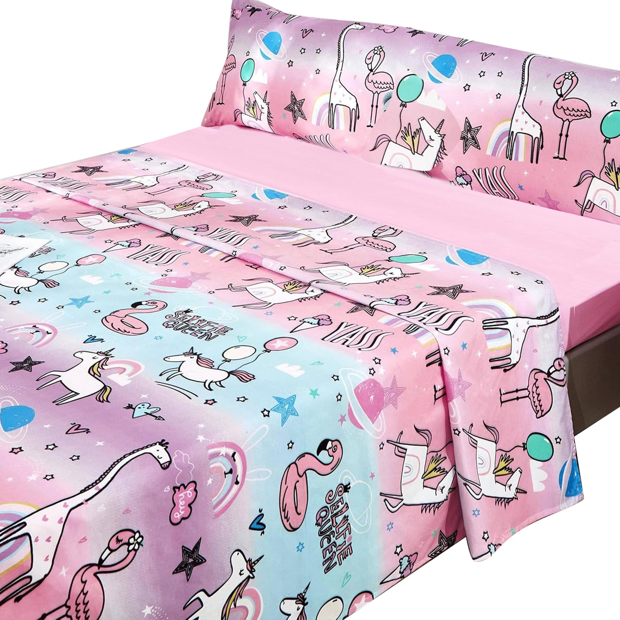 various Juego de Sábanas Infantil para Cama 90cm 3 Piezas - 1 Sábanas Bajera Ajustable con Encimera 165x260cm y 1 Funda de Almohada Larga (Unicornio Rosa)