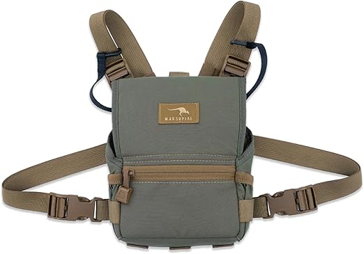 Marsupial Gear Standard Binocular Pack - Magnetic Bino Chest Harness Great for Quick One-Handed Access While Hunting with Storage Pockets (12oz), Ranger, Small