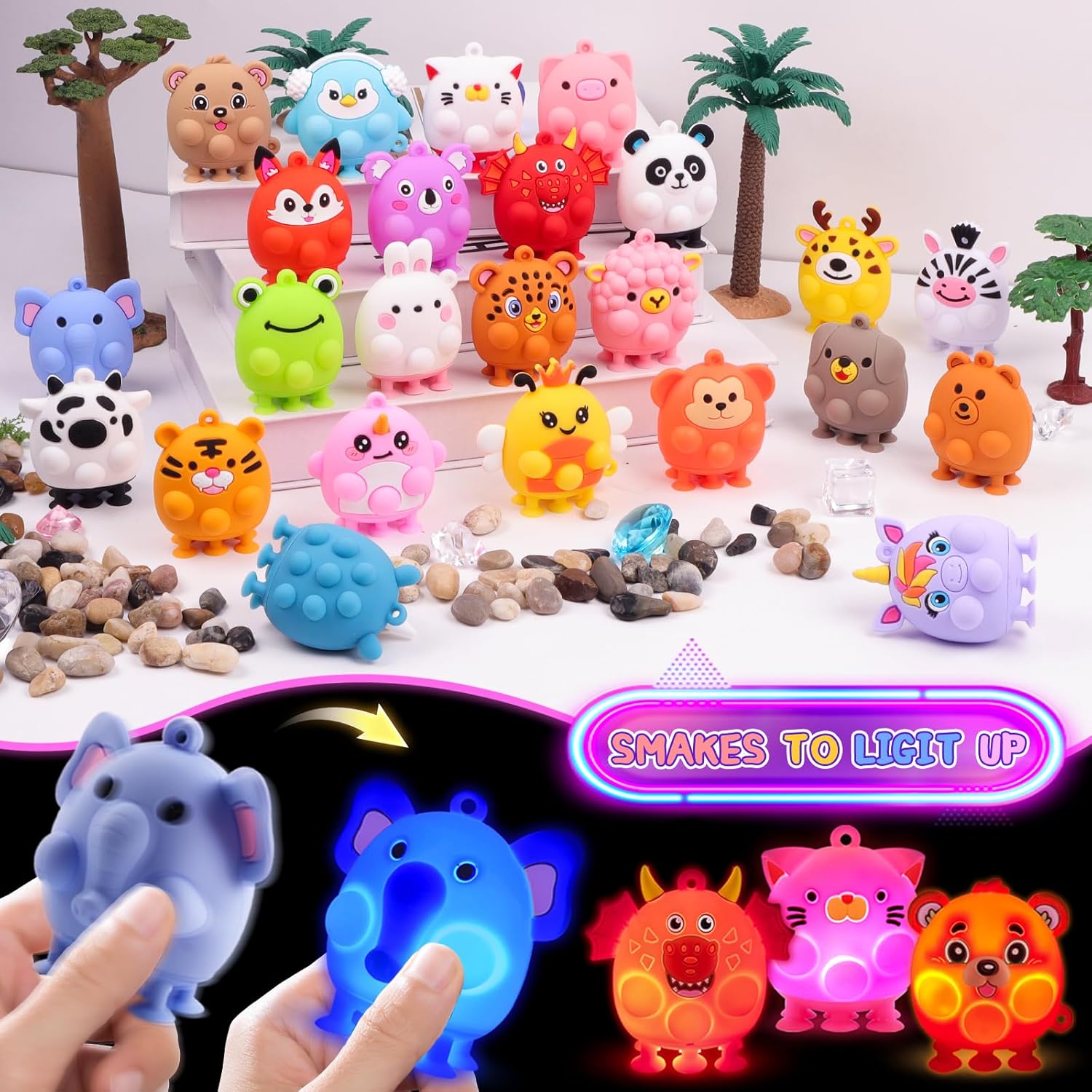 ChildFun Party Favors for Kids, 24 PCS Light UP 3D Animal Suction Pop Fidget Toys, Goodie Bags Stuffers for Kids, Prizes for Kids Classroom, Pinata Stuffers, Carnival Prizes
