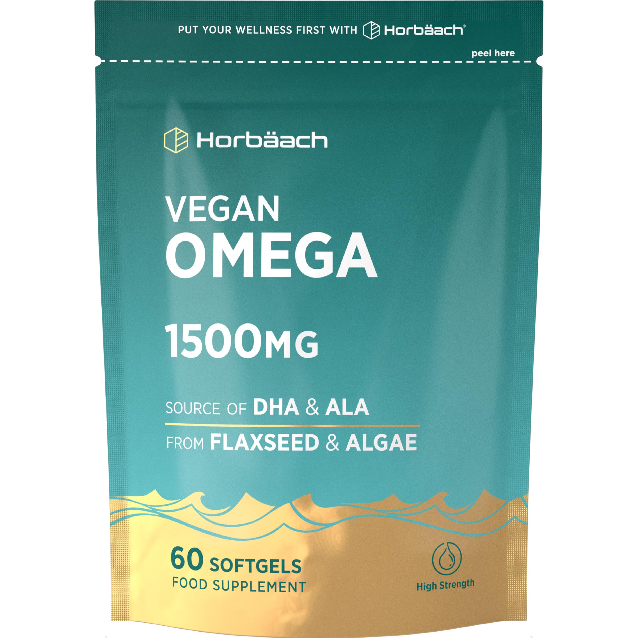 Omega 3 DHA z oleju z Alg 1500mg | Wegańskie | 60 kapsułek miękkich | Wysoka Zawartość: 450mg ALA i 240mg DHA | marki Horbaach