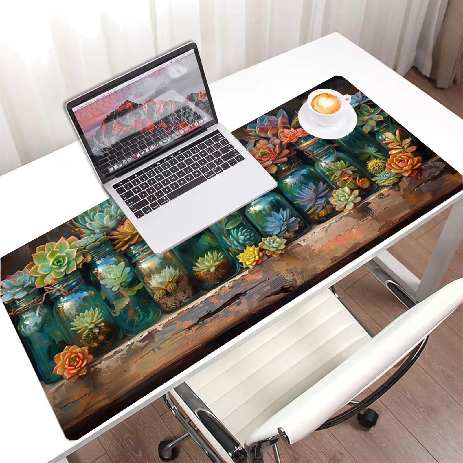 Zielona podkładka pod mysz XXL 1400x600, podkładka pod mysz pod biurko sukulent podkładka pod mysz wodoodporna, mysz z antypoślizgową podstawą, pod ręką szyte krawędzie, akcesoria do gier, prezent H2