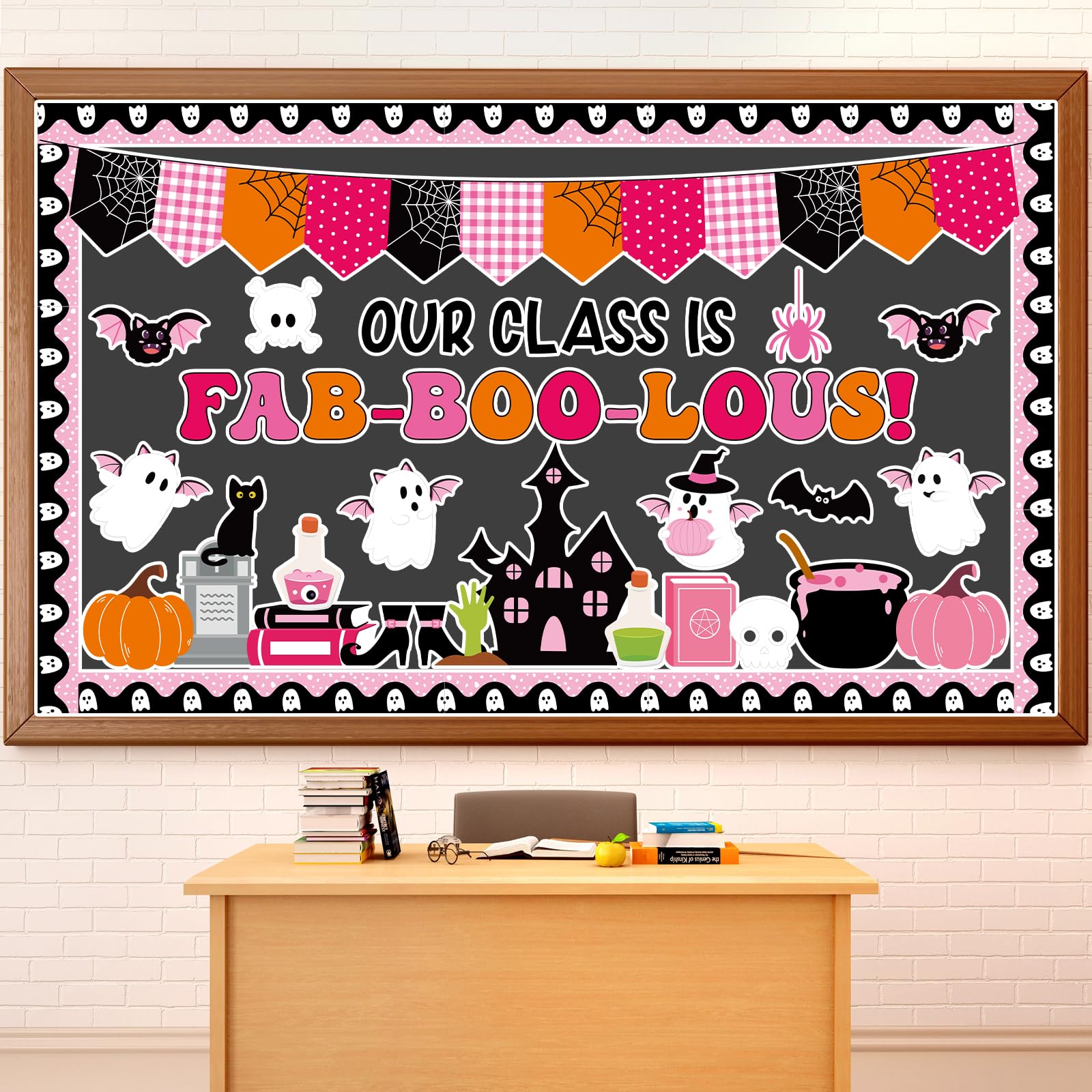 Halloween Classroom Bulletin Board Decoration Halloween Ghost Bulletin Board Set Decor Pink Black Ghost Boo Spider Cutouts Bat Castle Classroom Decoration for School Home Wall Party Decor