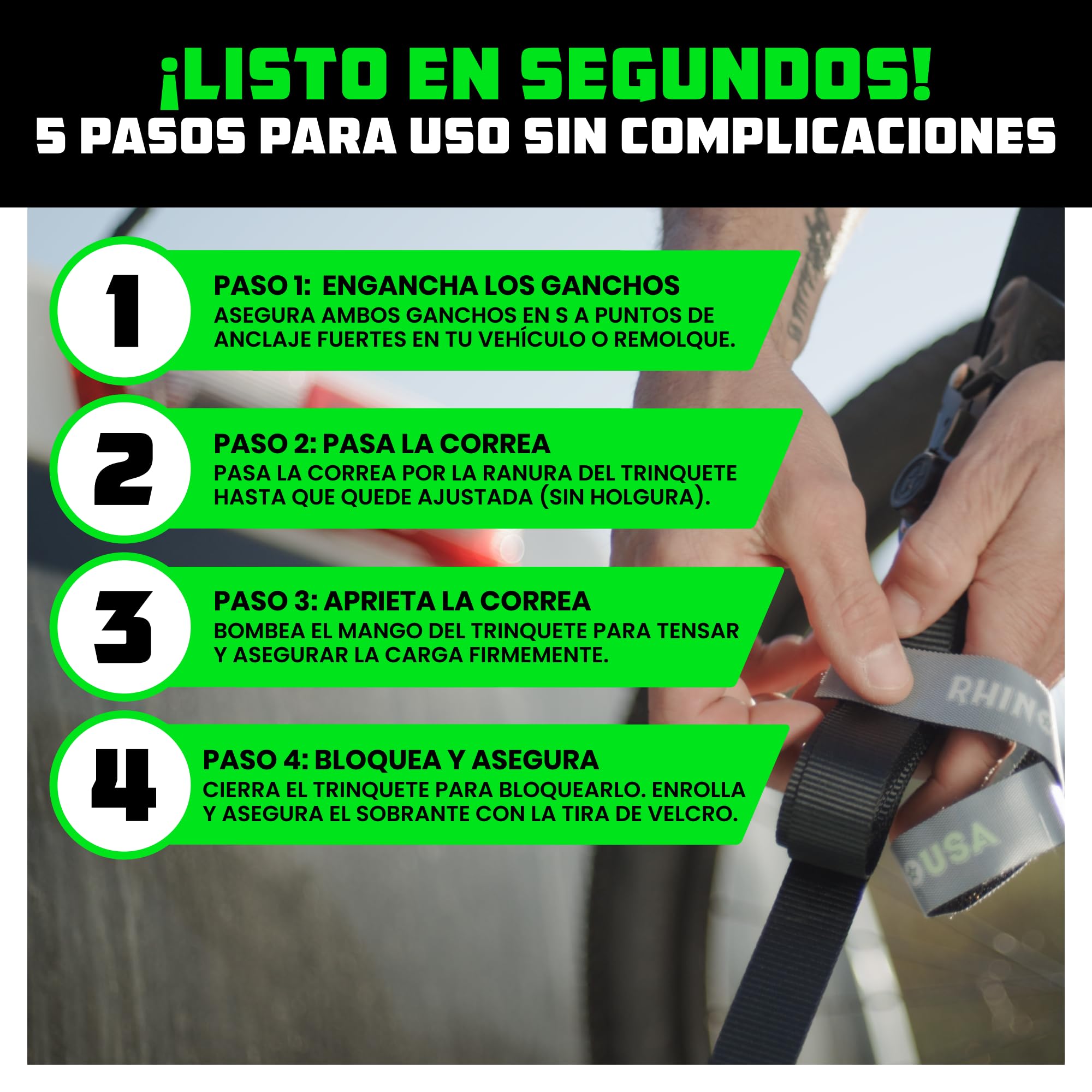 Rhino USA Correas de Carraca (4-Pack) - 2,5 cm x 4,6 m (800 kg de Resistencia de Rotura) - Correas de Amarre con Ganchos de Seguridad en S para Camiones, Carga, Mudanzas, Electrodomésticos - Negro