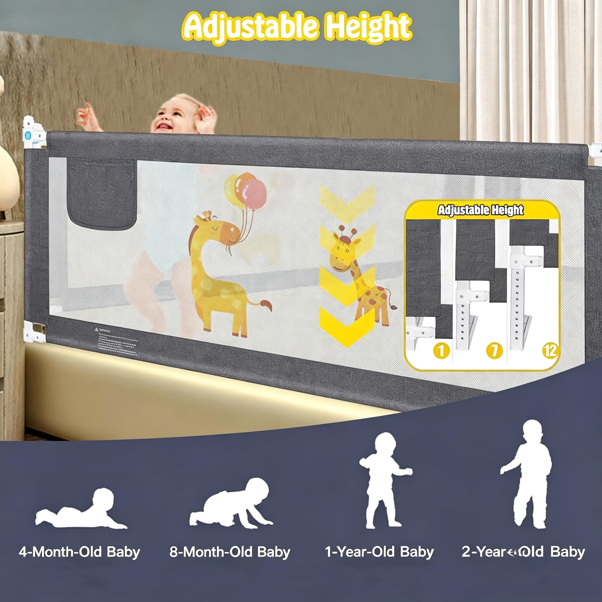 Sponda di protezione per letto da 1,5 m/1,8 m/2 m, per letto per bambini, per letto singolo, matrimoniale, king size, altezza regolabile 1,8 m