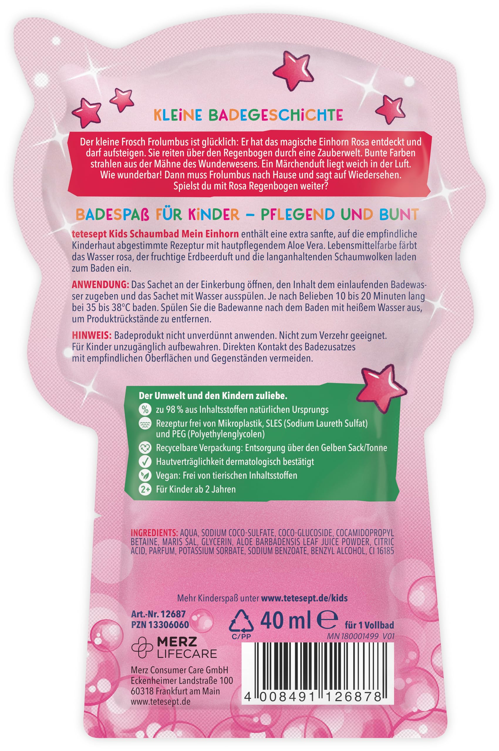 tetesept Kids Fun pianka do kąpieli "Mein Einhorn" – pielęgnujący dodatek do kąpieli dla dzieci o owocowym zapachu truskawek, 2 różne wzory w mieszanym kartonie, opakowanie 15 sztuk (15 x 40 ml)