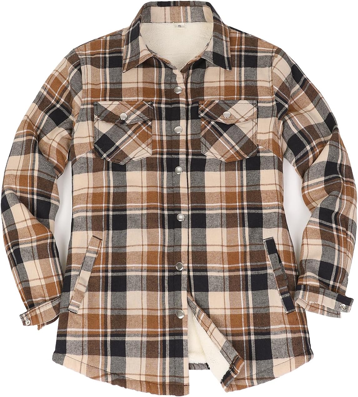 ZENTHACE Women's Flannel Shirt Jacket, Sherpa-Lined Plaid Shacket Jackets, Snap Button Down Outdoor Shirt