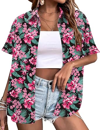 LOMON Womens Summer Hawaiian Shirts Floral Short Sleeve Button Down Shirts