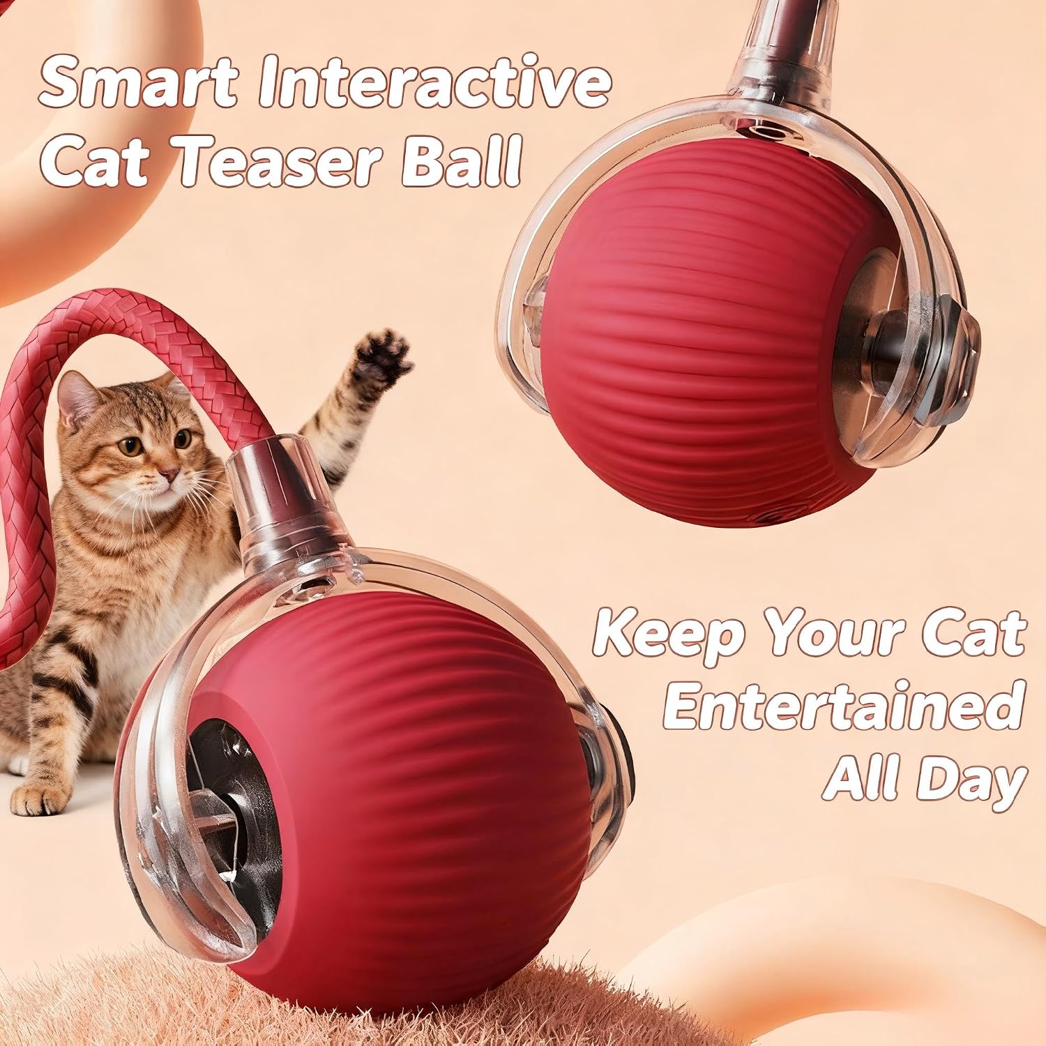 Automatic Rolling Cat Toy with USB Charge Smart Motion Kicker Ball for Indoor Cats Interactive Play with LED Automatic Rotate Kitten Toys (RED) image 2