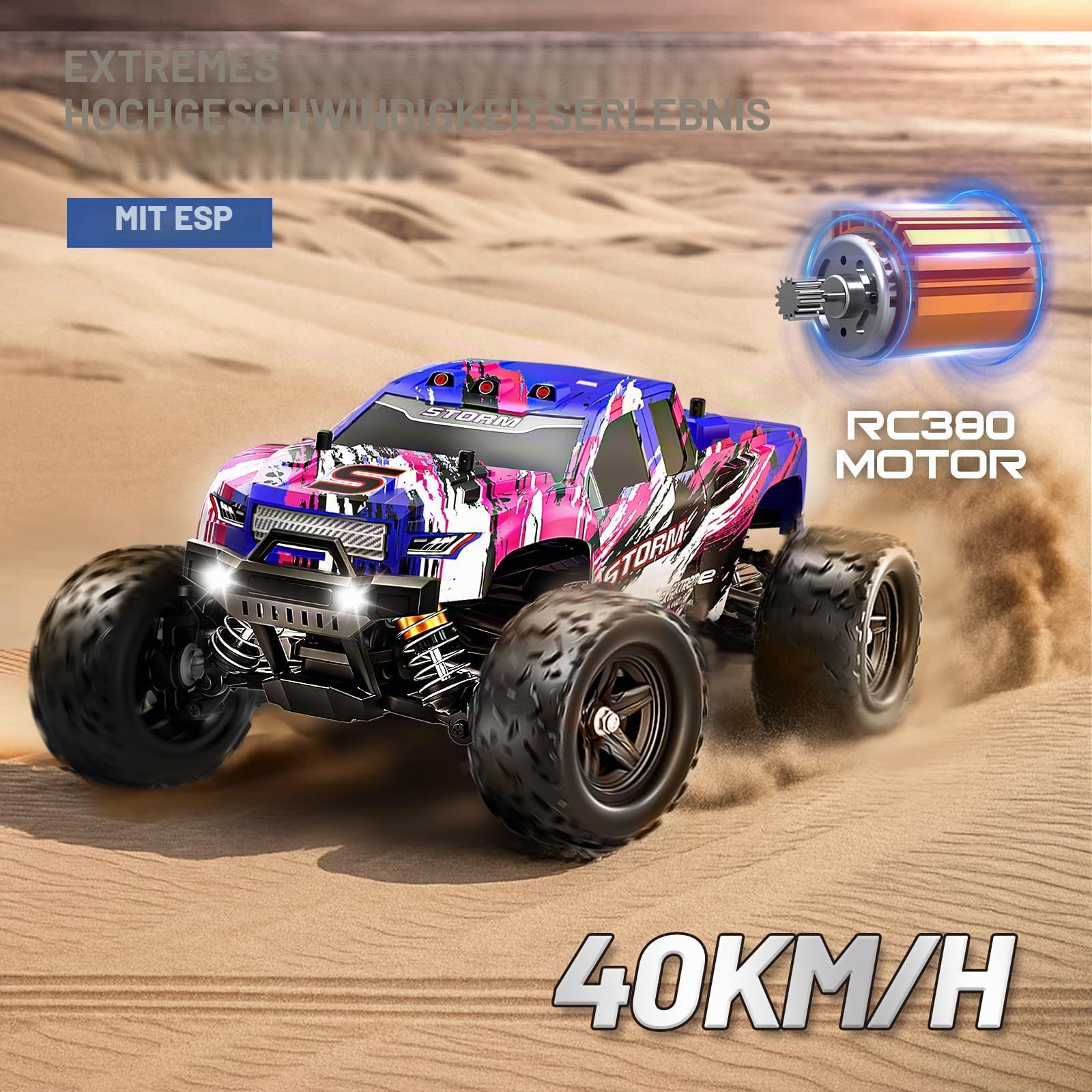 Ferngesteuertes Auto 1:18, RC Auto 4WD 40 km/h Monstertruck | Pinkes ferngesteuertes Auto für Mädchen, 4WD Offroad RC Truck, 2,4 GHz,2 Akkus, ab 8-14 Jahren