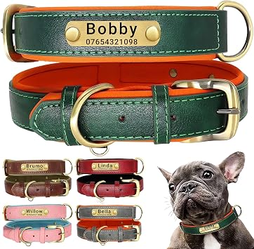 SEOUGEE Genuine Leather Dog Collar Personalised, Soft Padded Leather Dog Collars Heavy Duty with Custom Engraved Name Plate Adjustable for Small Medium Large Dogs L, Green 35-45cm