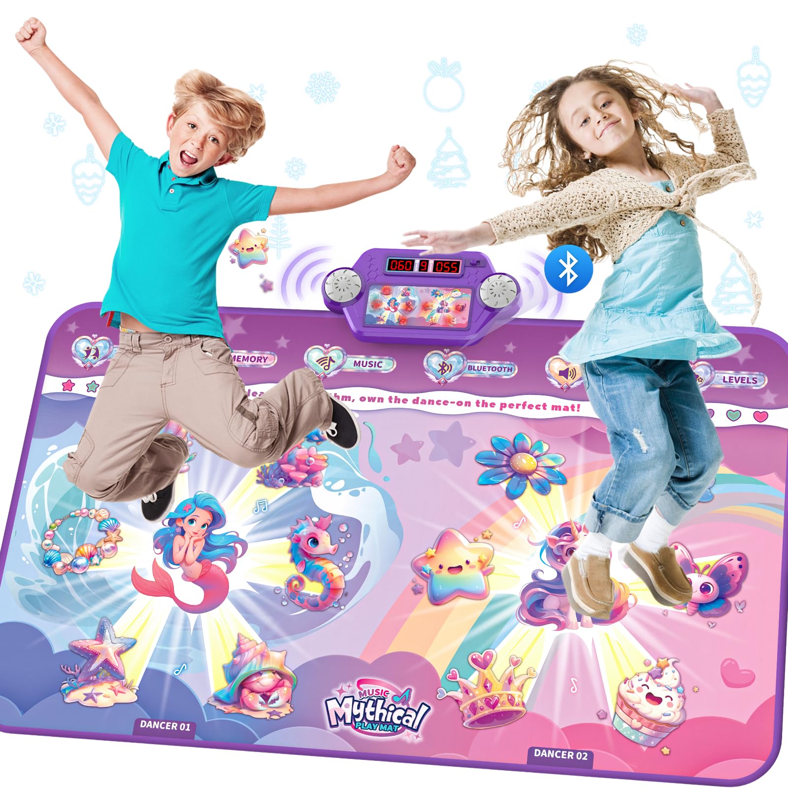 Tapis de danse Bluetooth amélioré 2025 pour 2 enfants, tapis interactif à 2 joueurs (4 modes améliorés), Merman & Unicorn avec boîte à piles LED, cadeau d'anniversaire