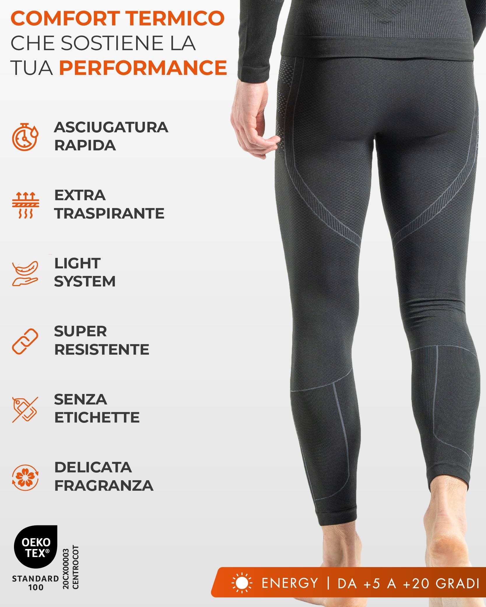 Risalti Calzamaglia Termica Uomo Energy - Intimo Termico Uomo Invernale Traspirante Senza Cuciture ed Etichette, Leggings Invernali Elasticizzati per Sci, Trekking, Corsa, Ciclismo - Made in Italy