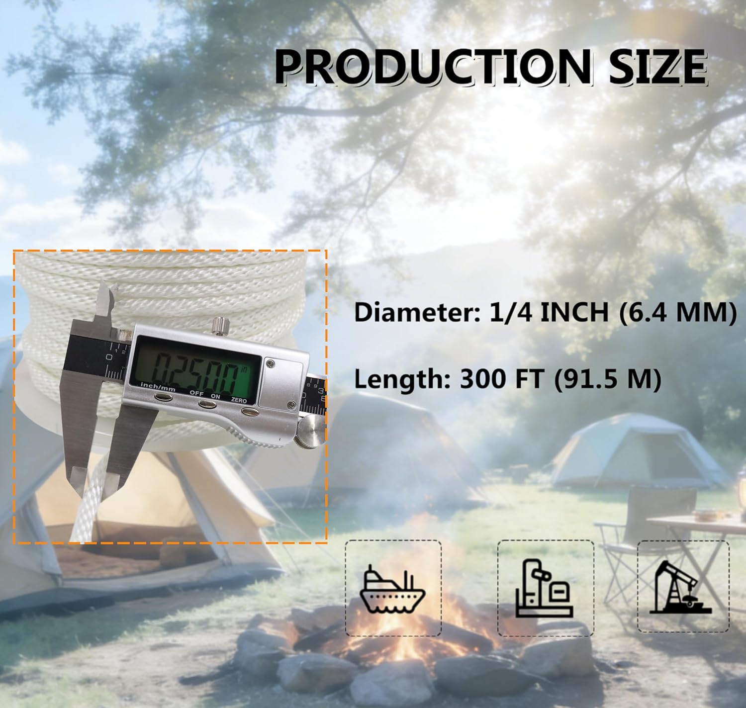 1/4 Inch 300FT Nylon White Solid Braid Rope - Durable Multi-Purpose Utility Cord, Strong & Flexible, Low Stretch, Weather Resistant for Camping, Boating, DIY & Outdoor Use