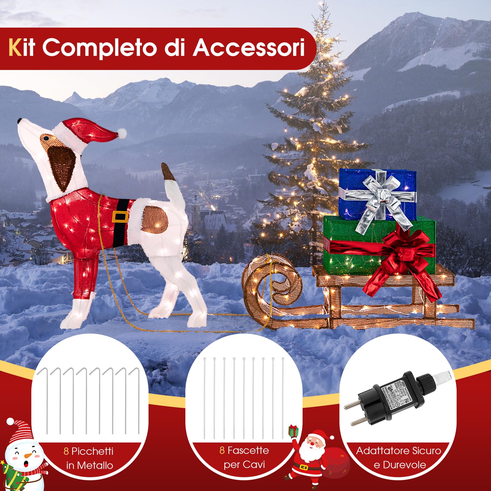 COSTWAY Decorazioni Natalizie Illuminate di Cane e Slitta, Luci Natalizie a Forma di Cane da Esterno Interno, Decorazione Natalizia Festosa con 170 Luci LED per Giardino e il Cortile