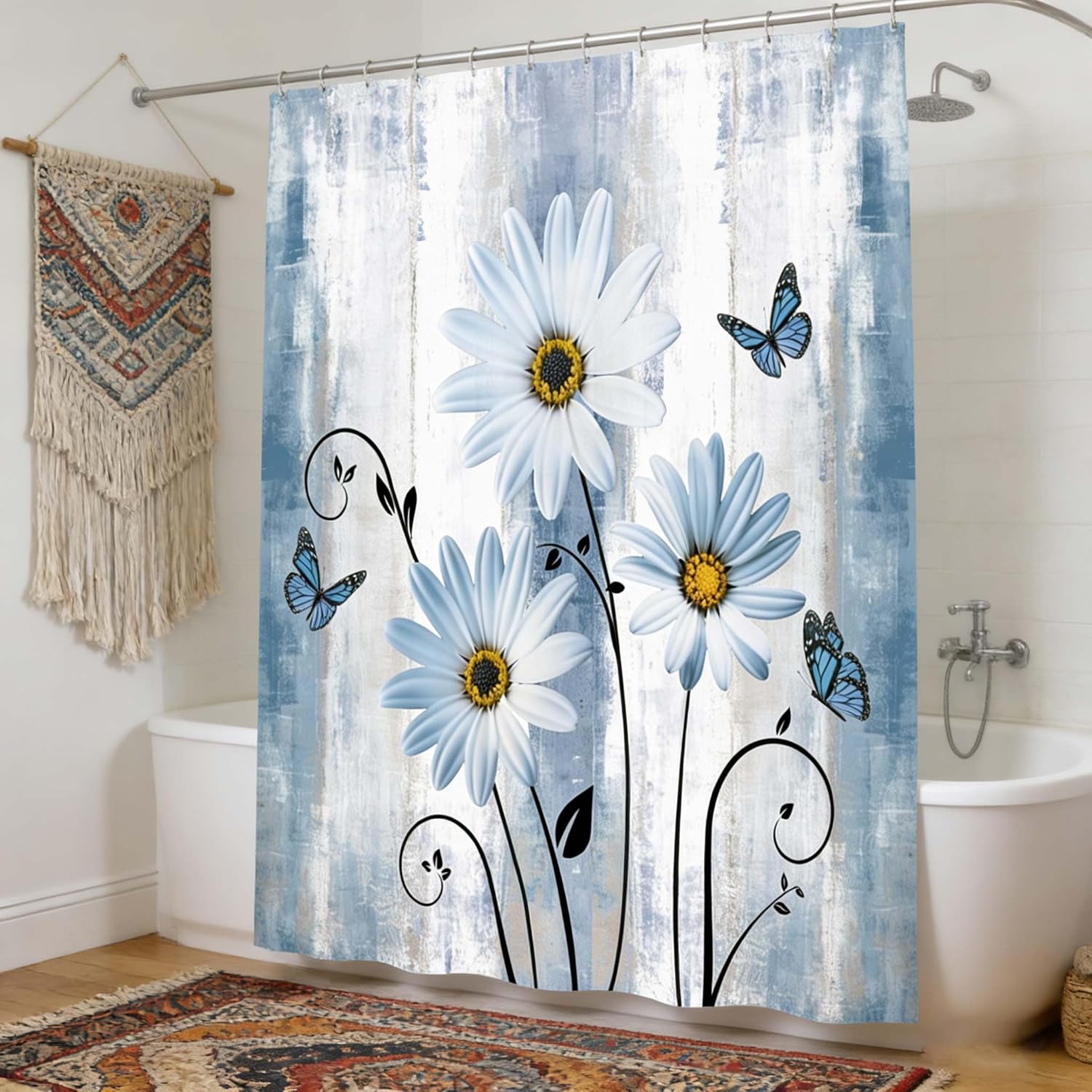 JAWO Teal Daisy Floral Flowers Shower Curtain, Farm Rustic Farmhouse and Butterfly on Country Wooden Shower Curtain, Turquoise Blue Shower Curtain with Hooks, 72X78 Inches(Teal)