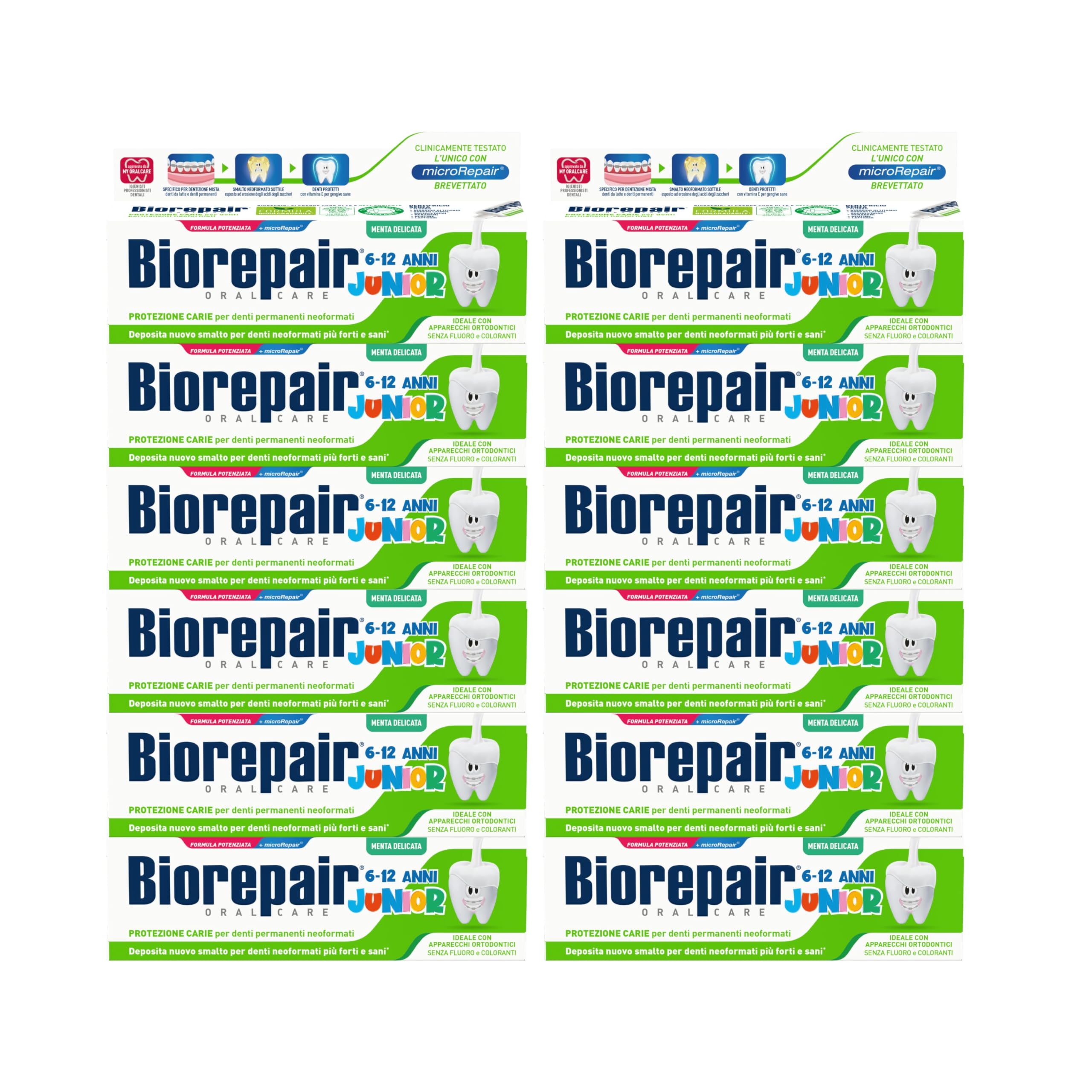Biorepair, Dentifricio Junior 6-12 anni, 12 Confezioni da 75 ml, Dentifricio per Bambini senza Fluoro, con Vitamina E, Antiossidante, per Gengive Sane, Rinfrescante Gusto Menta