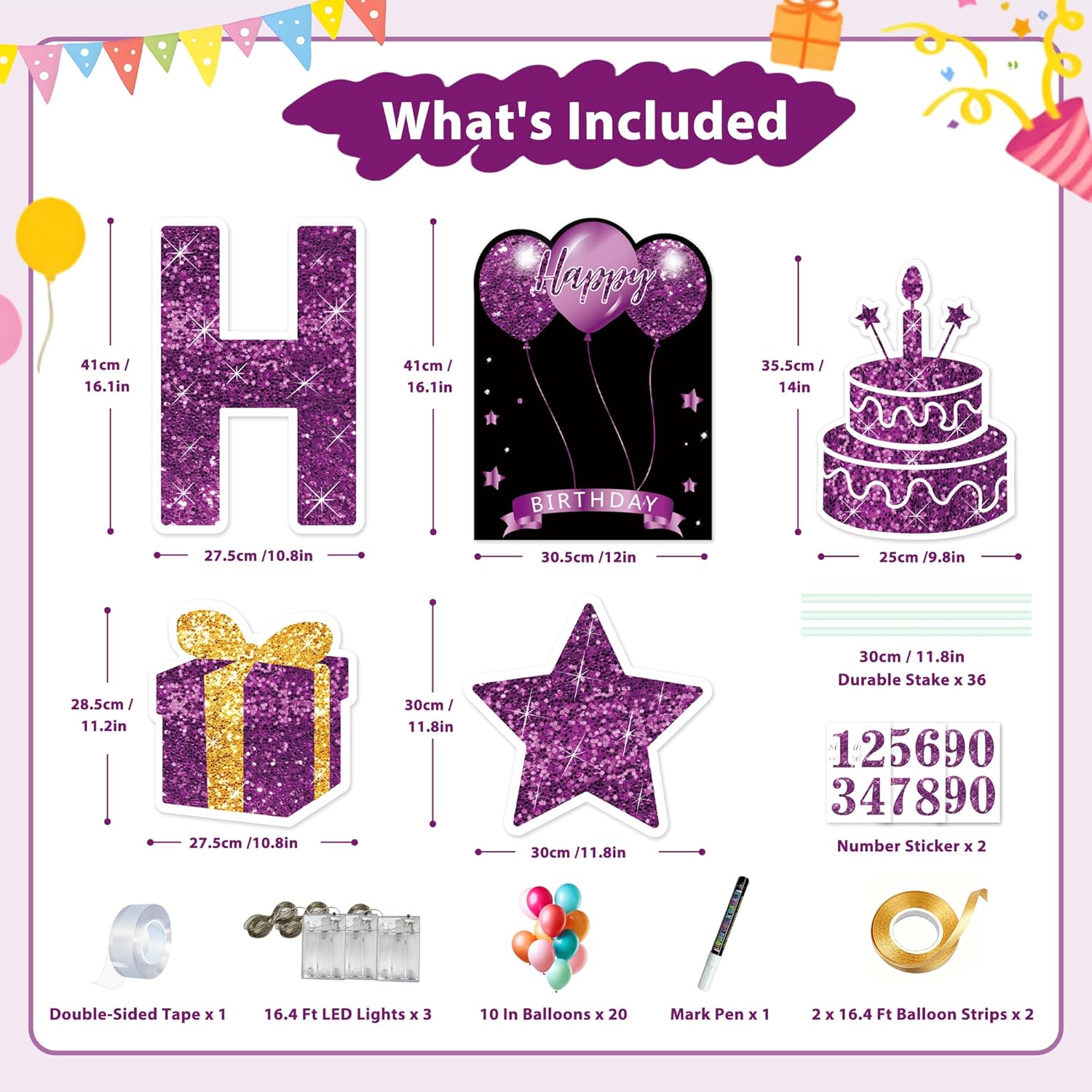 18 pcs happy birthday yard sign with stakes, purple happy birthday yard sign with 49.2 ft led light, 16 in large personalized happy birthday sign, waterproof lawn garden birthday party decorations