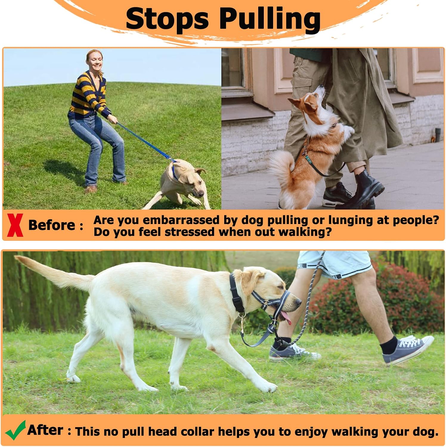Dog Head Collar, No Pull Dog Halter with Soft Padding, Durable, Reflective Training Tool for Medium Large Dogs, Labrador, Stops Heavy Pulling and Easy Control on Walks, Includes Free Training Guide