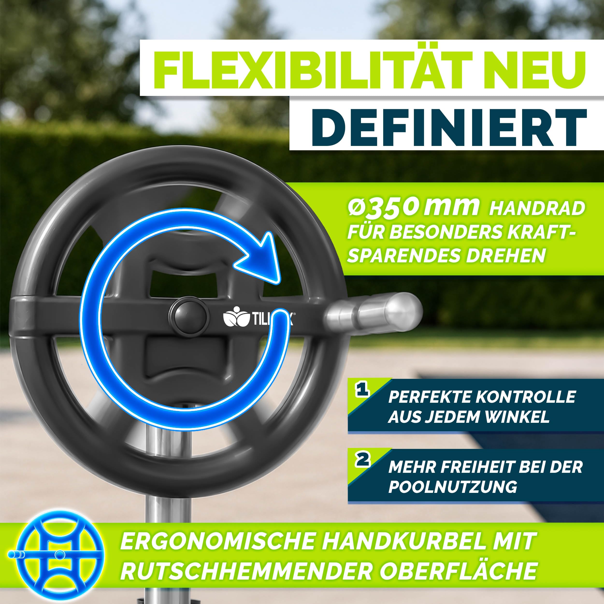 tillvex Pool Aufroller Premium 3-5,70 m mit Vollgummireifen inkl. Thermometer & Bänder | Aufrollsystem für Solarfolie | Aufrollvorrichtung für Poolplane & Abdeckung | witterungsbeständiges Material