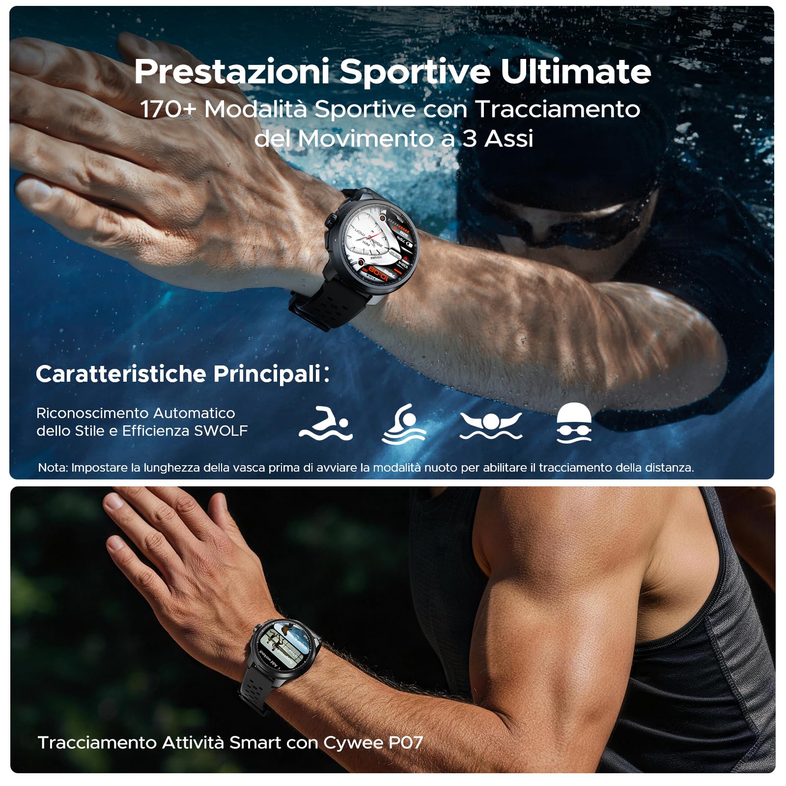 ANYMOVINGM1-Nero Smartwatch fitness uomo GPS dual-band, 170+ sport, Assistente AI, AMOLED 1,5", 20 giorni, 5ATM+IP68