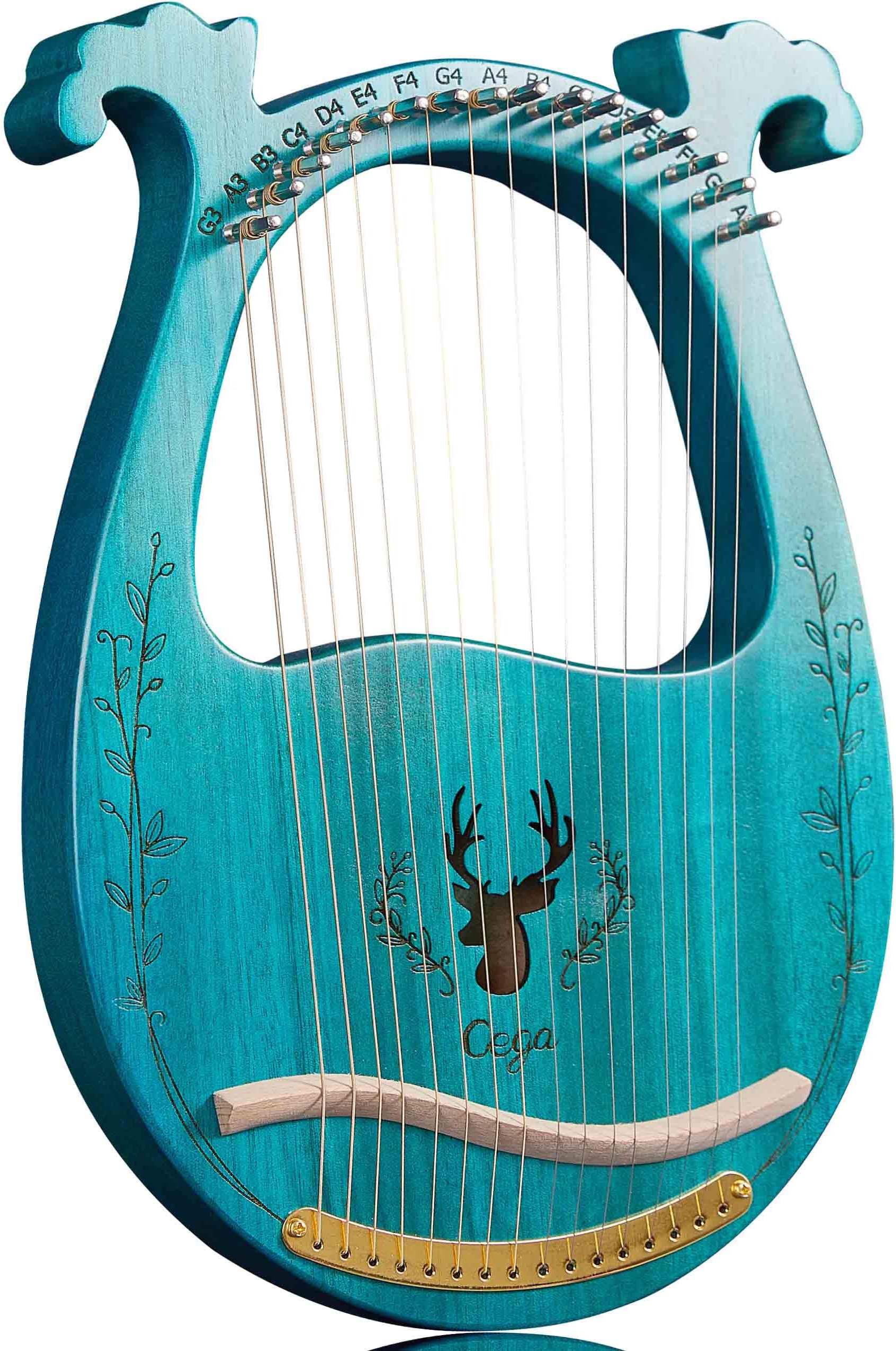 Lyre Harp 16 String Ancient Greece Style Classical Shaped Deer Pattern Box Harp with Tuning Wrench and Instruction Guide for Adult Kids and Beginner (Blue), Full