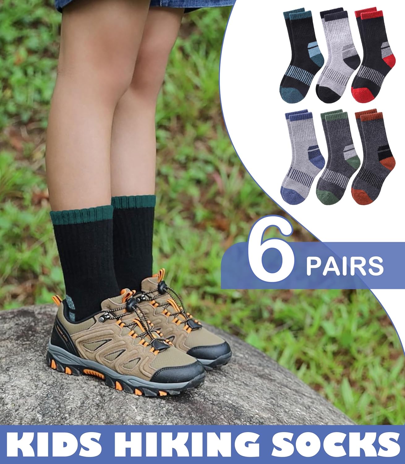 LINEMIN Kids Merino Wool Hiking Socks Toddlers Boys Girls Winter Warm Thick Thermal Boot Cushion Crew Socks 6 Pairs - Image 5