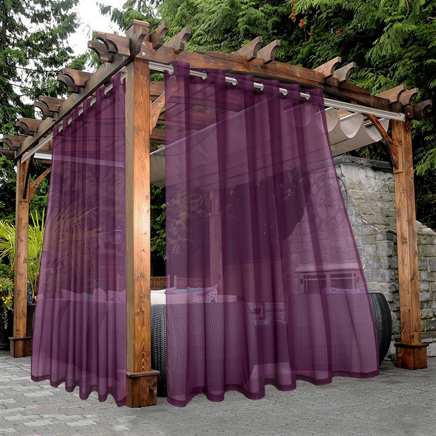 BONZER Waterproof Indoor/Outdoor Sheer Curtains for Patio - 2 Panels Wide Grommet Voile Curtains for Living Room, Bedroom, Porch, Pergola, Cabana, 100 x 120 inch, Plum — image 1