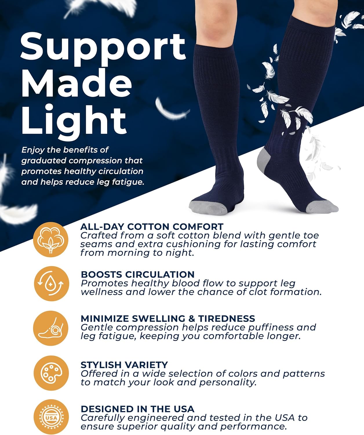 Pembrook Light Compression Socks for Women & Men - 3 Pairs | 8-15 mmHg Cotton Compression Socks Women, Knee High Comfort - Image 2