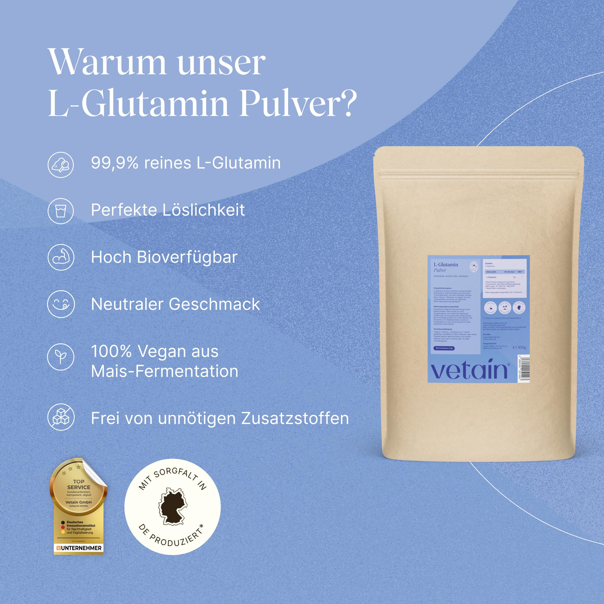 VETAIN L-Glutamin Pulver - 500g - reines & ultrafeines Glutamine – vegan, hochdosiert & ohne Zusatzstoffe - geschmacksneutral – in Deutschland produziert - 100 Portionen