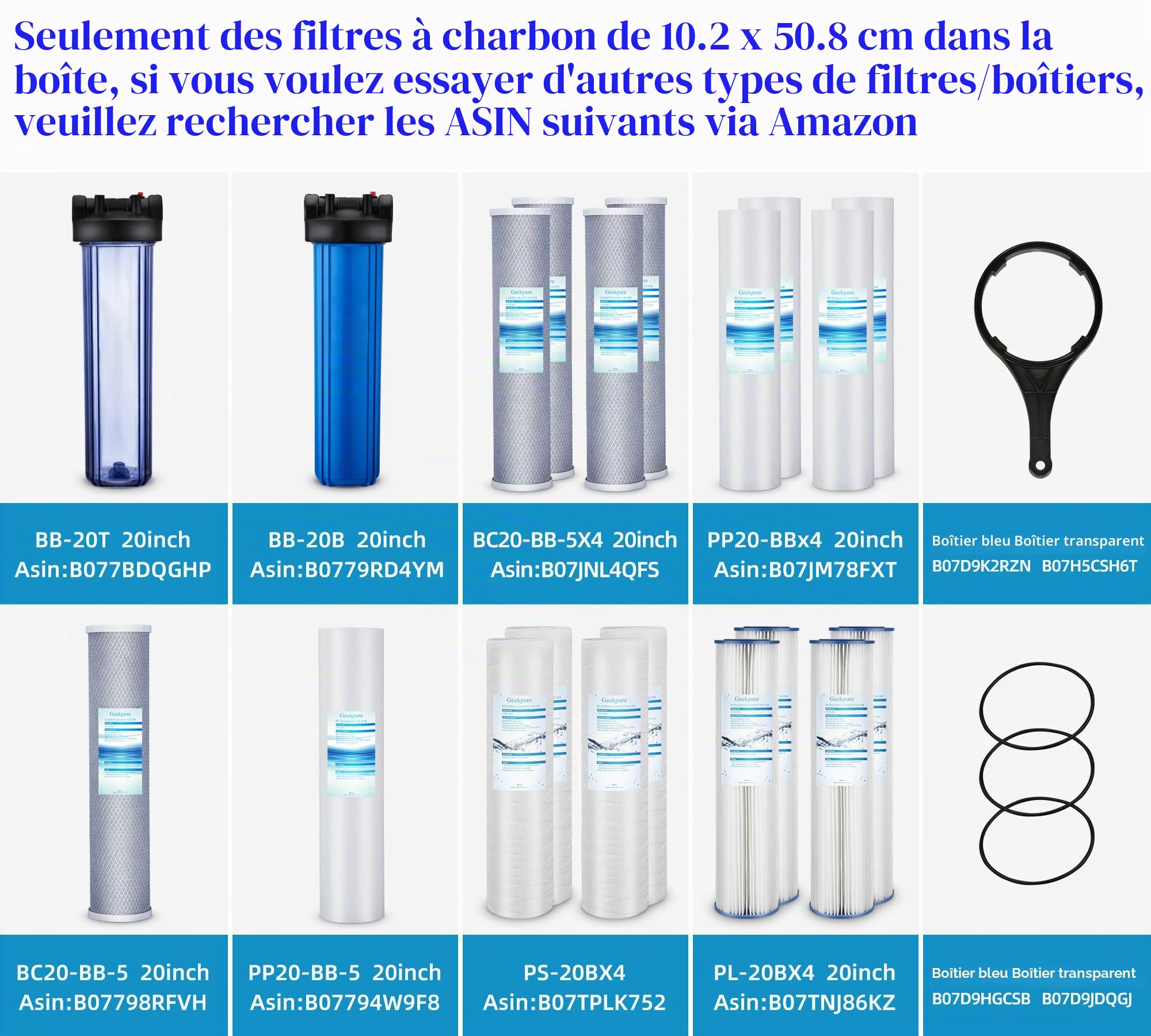 Geekpure Grand Bleu Bloc Carbone cartouche filtre à eau pour toute la maison (lot de 4) -20" X 4,5"-5 micron