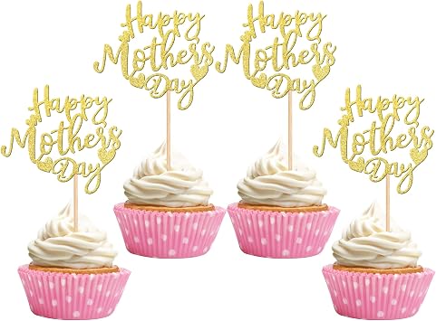 24 PCS Happy Mothers Day Cupcake Toppers with Glitter Heart Love Mother Best Mom Cupcake Picks for Happy Mothers Day Theme Women Birthday Party Cake Decorations Supplies Gold