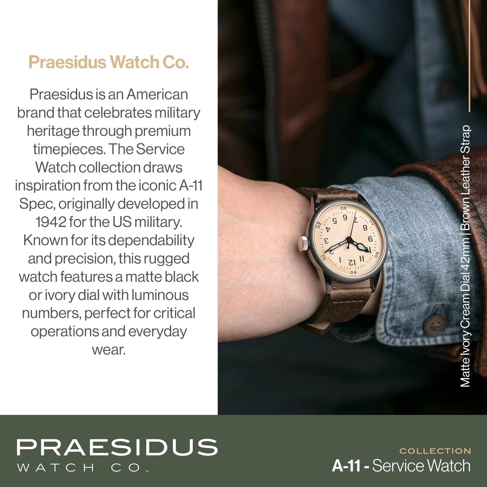 PRAESIDUS | 𝗔-𝟭𝟭 𝗦𝗲𝗿𝘃𝗶𝗰𝗲 𝗪𝗮𝘁𝗰𝗵 - Men's Wrist Watches - A11, Military - 38/42mm, Assembled in The USA | Automatic, WW2, Gifts for Men