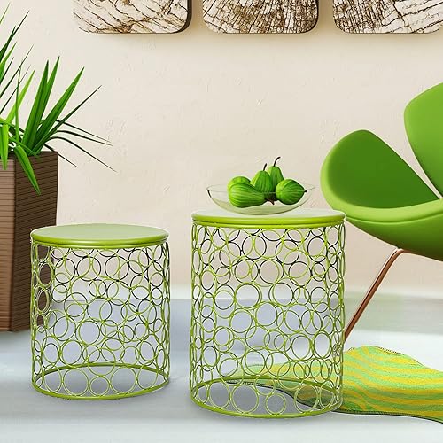 Miniatura 9 de Joveco Juego de 2 mesas decorativas de metal mesas auxiliares redondas anidadas juego de mesas auxiliares modernas taburetes decorativos para sala