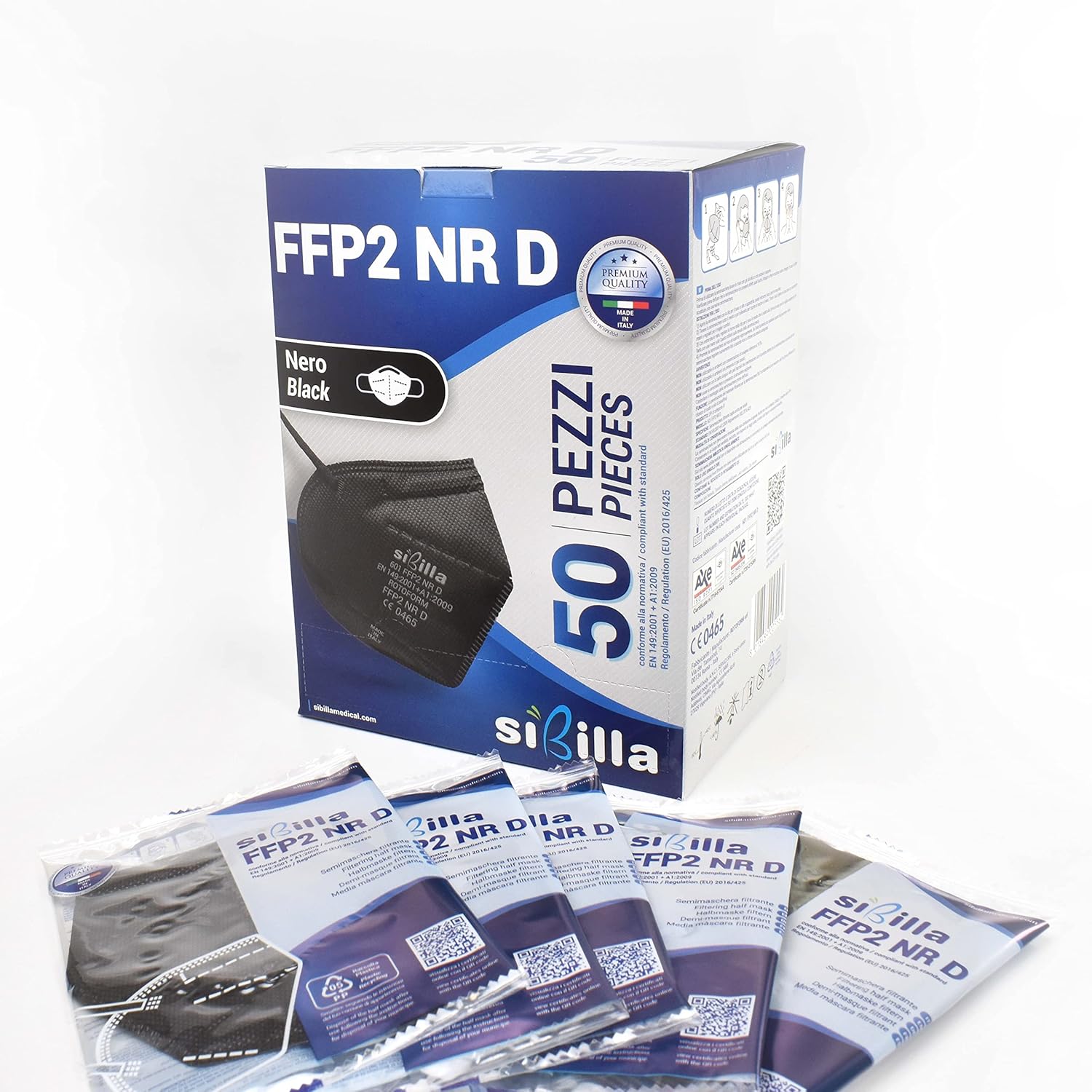 SIBILLA 50 Pezzi Mascherine FFP2 Nere NR D Certificate CE0465 Ente