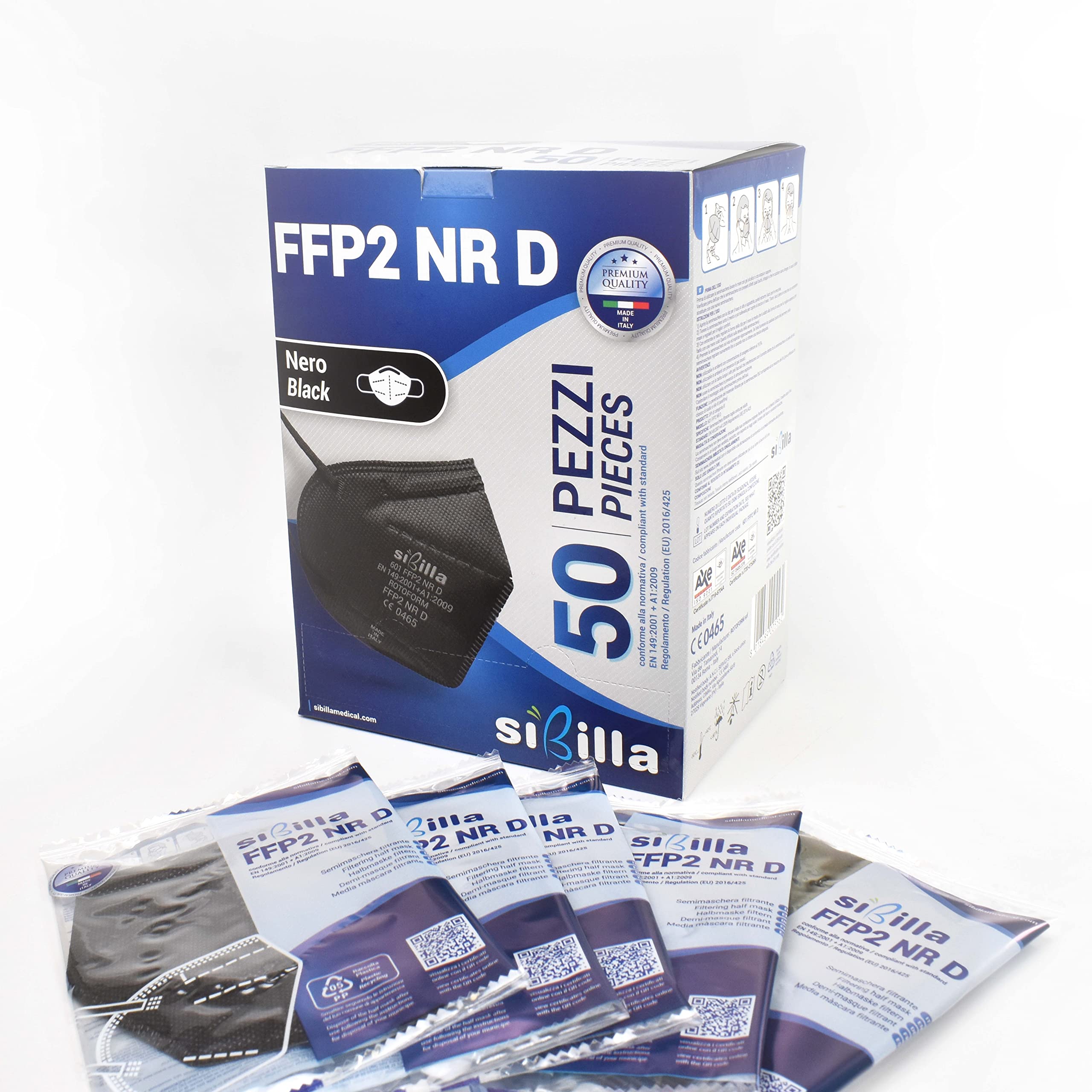 FFP2 Maske - 50 Stück - schwarze FFP2 Maske - Made in Italy einzeln verpackt - FFP2 Atemschutzmaske schwarz zertifiziert EN 149:2001+A1:2009 - FFP2 Schutzmaske schwarz hohe Filterleistung