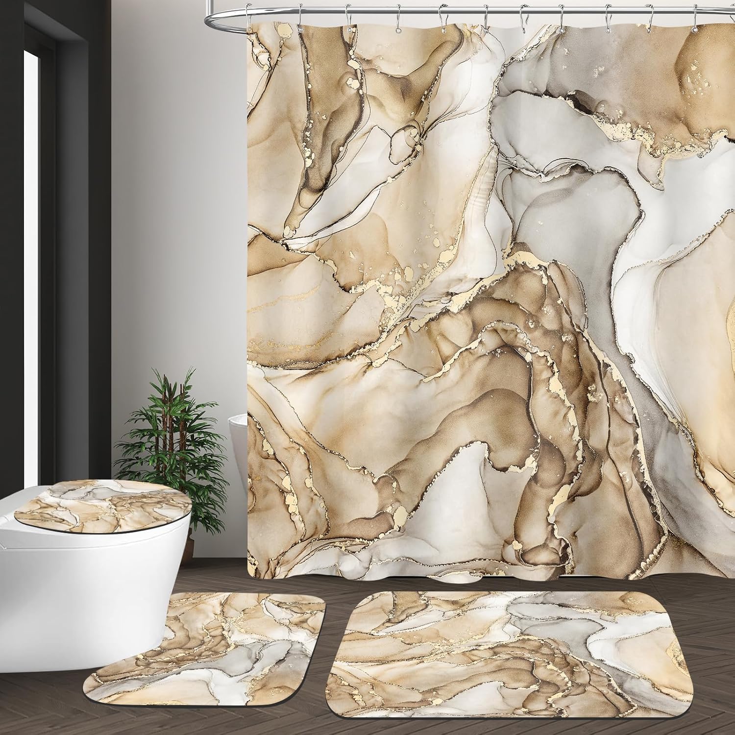 4PCS Beige Marble Bathroom Sets with Shower Curtain and Rugs, Abstract Shower Curtain Sets with Rugs for Bathroom Decor, Bathroom Curtains Shower Set with Toilet Lid Cover Accessories