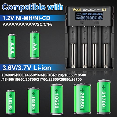 Miniatura 2 de Cargador de batería 18650, cargador de batería recargable de 4 bahías con pantalla LCD para baterías recargables de litio 3.7 V 18650 26650 21700