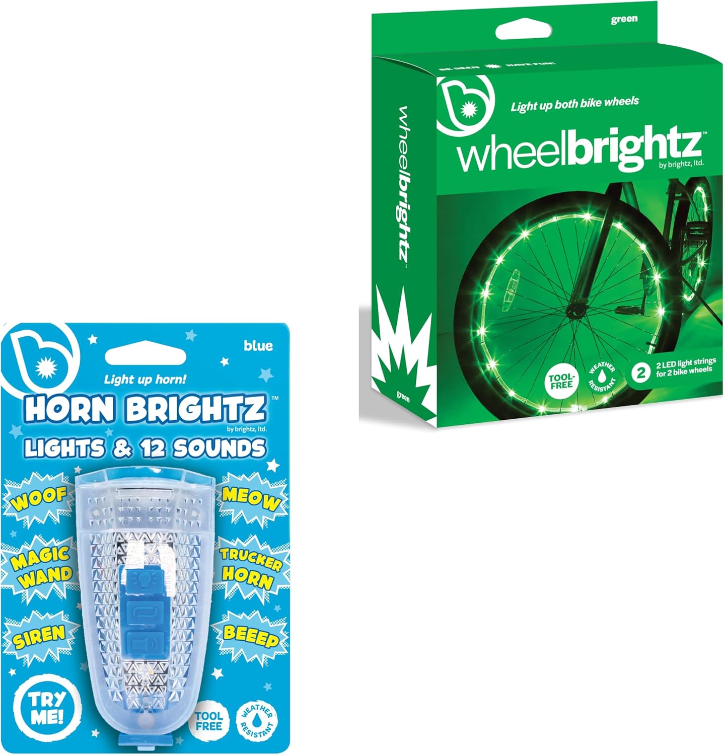 Brightz HornBrightz & WheelBrightz Bike Lights Bundle, Blue & Green 2-Pack