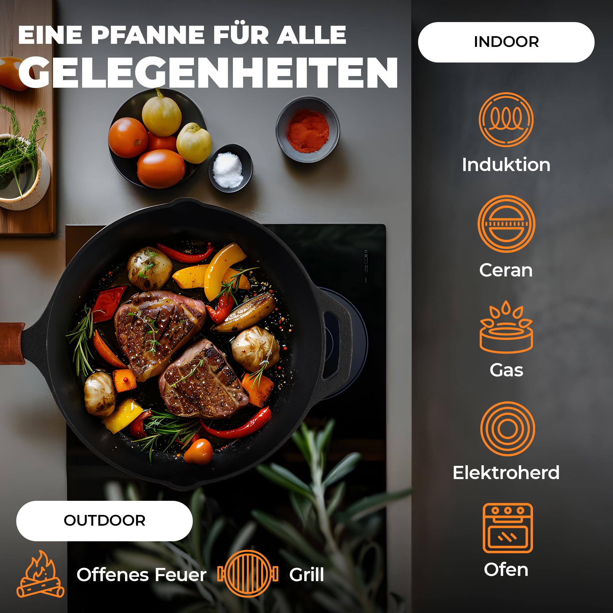 BBQ Ben Gusseisenpfanne Induktion [Feuerfest] Cast Iron Pan - leckere Röstaromen & knusprige Kruste, Grillpfanne Gusseisen, Eisenpfanne, Ofenfeste Pfanne, Antihaft-Bratpfanne, Gusspfanne Grill (30 cm)