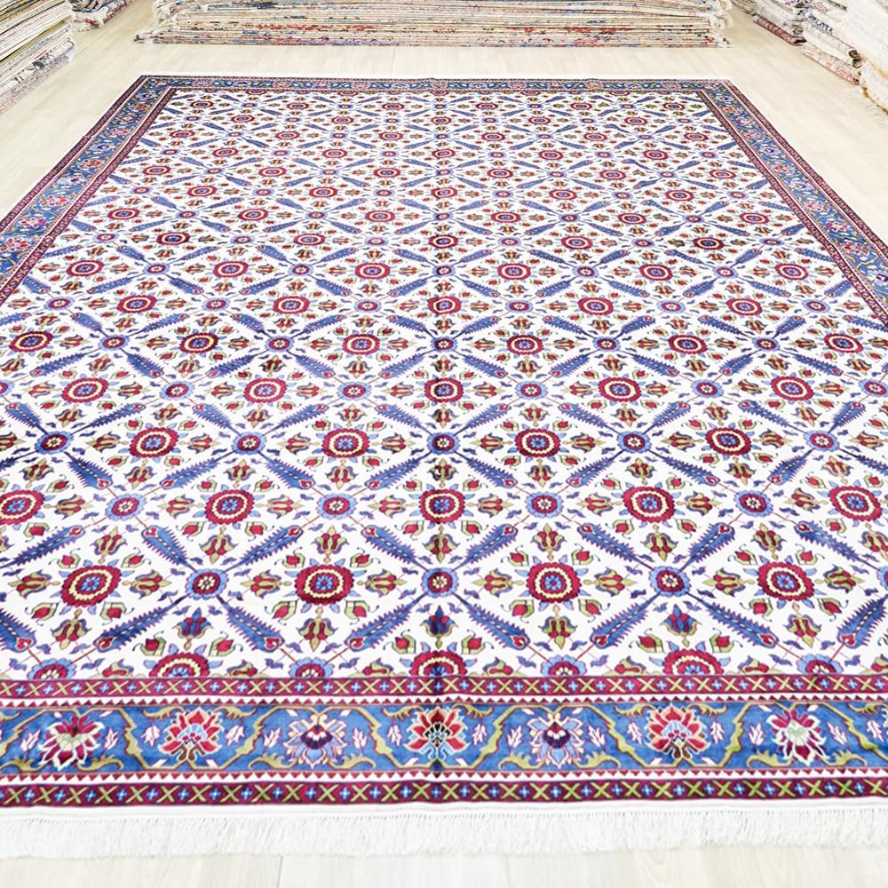 Yuchen Carpet 11.5x16.5 Ft Pink Hand Knotted Geometric Vintage Oriental Silk Rug for Living Room