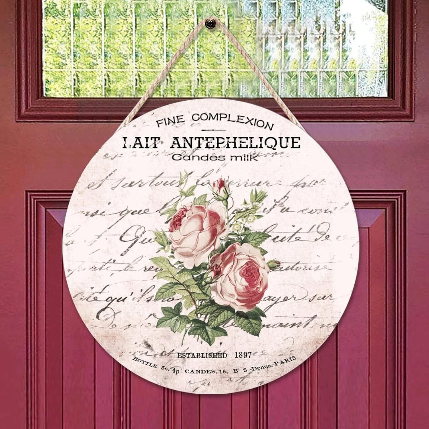 Vintage Front Door Round Wood Sign, French Vintage Flower Wood Door Sign, Rustic 16x16in Wall Hanging Sign Plaque for Front Door Entryway Porch Bar Pub Farewell Party Housewarming Gifts