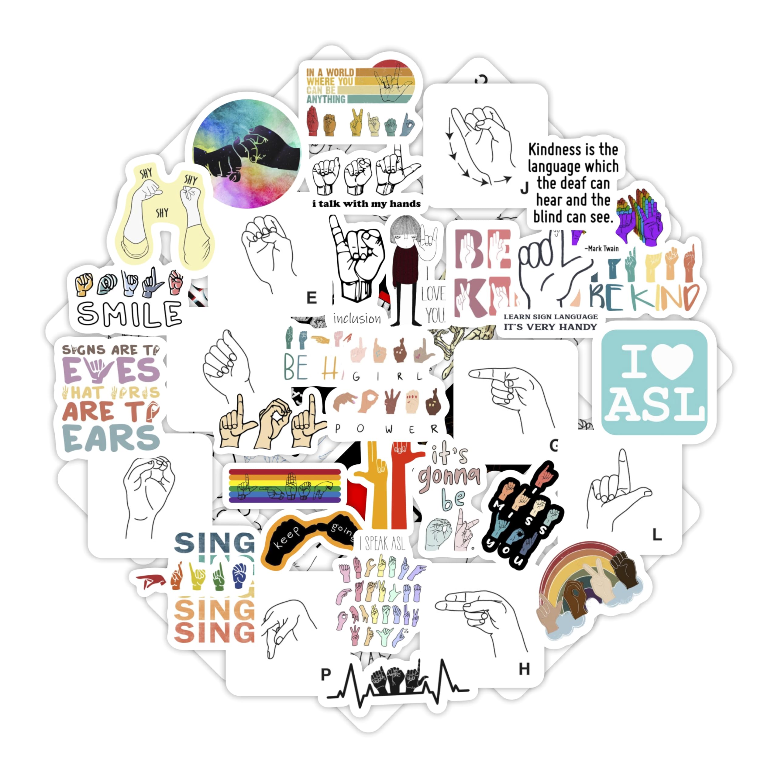 BulbaCraft 100Pcs Sign Language Stickers Alphabet, ASL Stickers for Water Bottle and Laptop - Sign Language Party Favors & Decorations, Waterproof