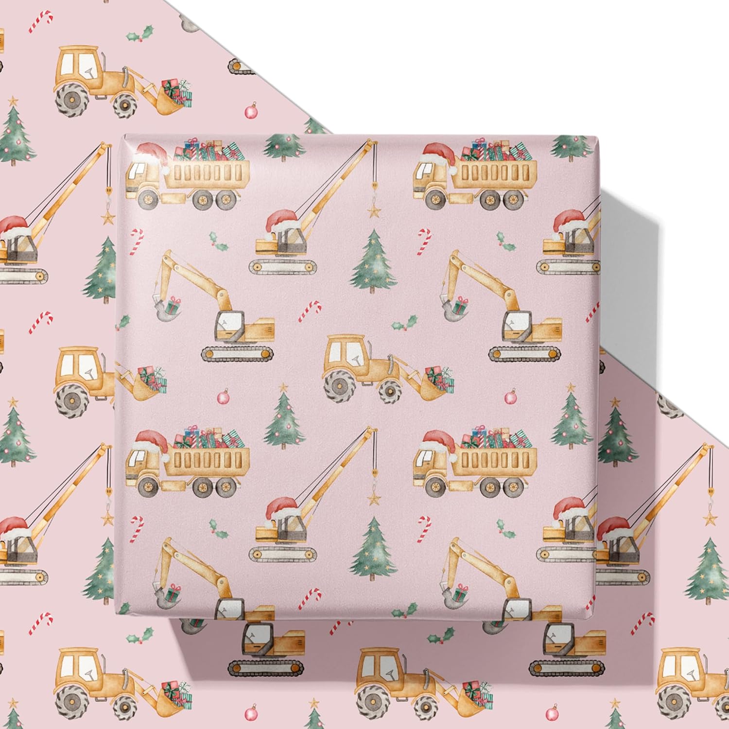 SaringSwoon Pink Construction Christmas Wrapping Paper for Kids - Holiday Wrapping Paper with Dump Trucks, Cranes, Excavators with Santa Hats & Gifts, Christmas Tree - 40×28 Inches, 4 Folded Sheets